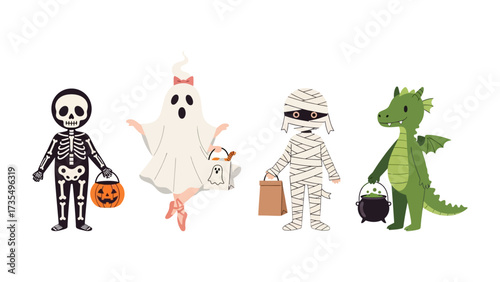 Spooky Halloween Costume Characters Gathering Treats: A delightful illustration showcases a skeleton, ghost, mummy, and dragon, each adorned in their vibrant Halloween costumes.