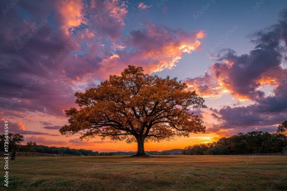 Fototapeta premium Autumnal tree silhouetted against vibrant sunset