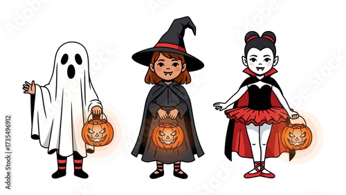 Halloween Costumes: Trio of kids in a whimsical Halloween illustration with a playful ghost, a magical witch, and a vampire beckoning with smiling jack-o'-lanterns.