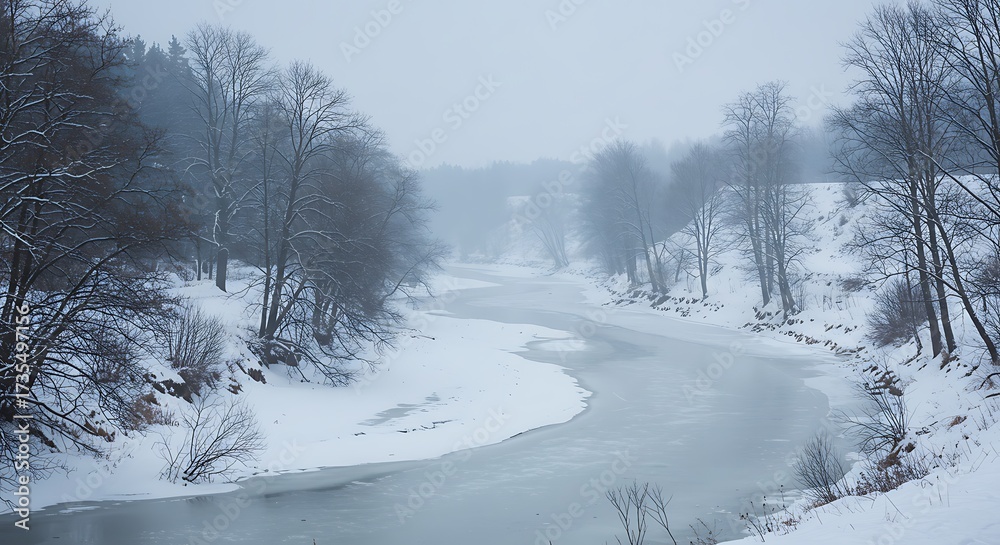 Fototapeta premium Winter landscape of river and snow covered trees overcast sky
