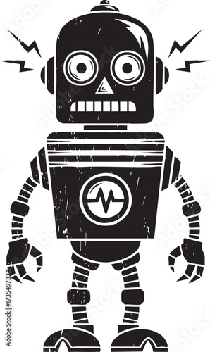A vintagestyle robot with a distressed texture, featuring a boxy body, round head, and lightning bolts emanating from its ears, a nostalgic design
