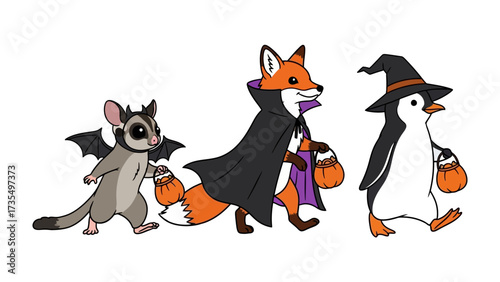 Halloween Procession: A delightful cartoon depicts a sugar glider, fox, and penguin in adorable Halloween costumes, carrying treat bags and exuding festive charm.