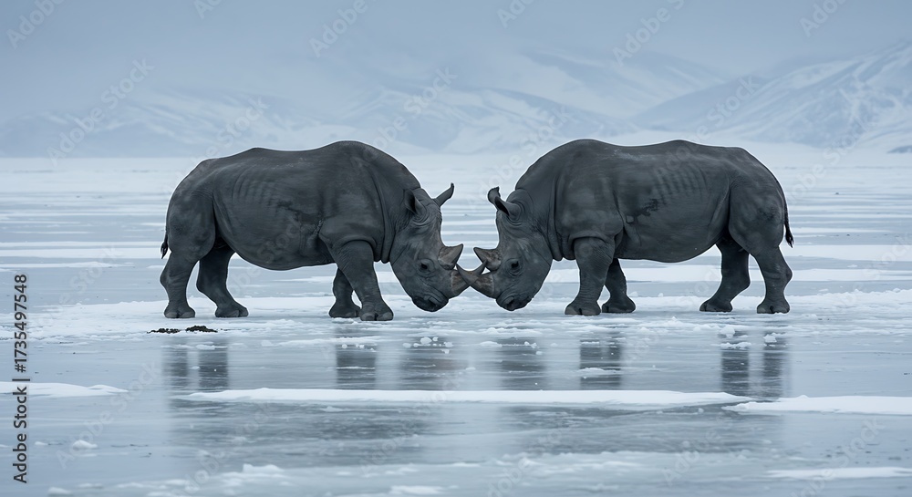 Fototapeta premium Two rhinos touch horns on a frozen lake against a blurred background