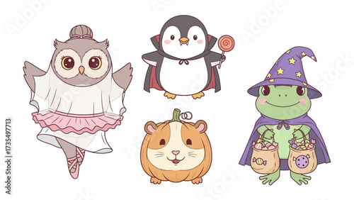 Spooky Companions: Charming illustrations of creatures adorned in festive halloween attire, including an owl, penguin, guinea pig and a frog. creating whimsical scene. 