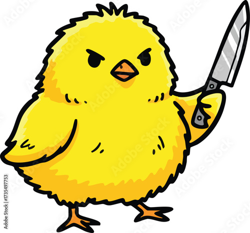 A determined yellow chick stands, brandishing a gleaming knife with a fierce expression, ready for any culinary adventure or humorous confrontation