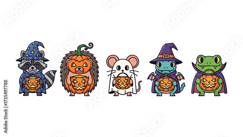 Halloween Character Parade: An array of creatively designed cartoon animals, all dressed up in spooky attire and bearing carved pumpkins. A vibrant, graphic showcase for seasonal themes