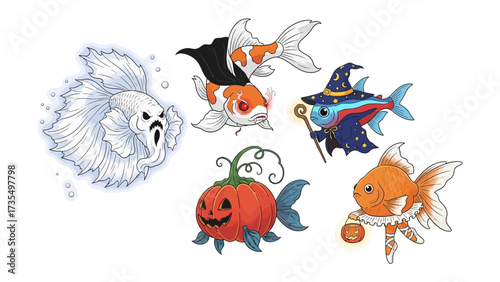 Spooky Marine Life: Whimsical illustrations depict various fishes dressed in Halloween costumes, featuring ghost, vampire, witch, pumpkin, and clown themes to invoke a festive spirit.