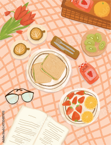 Cozy Flat Lay Illustration of a Picnic Spread with Food and Book