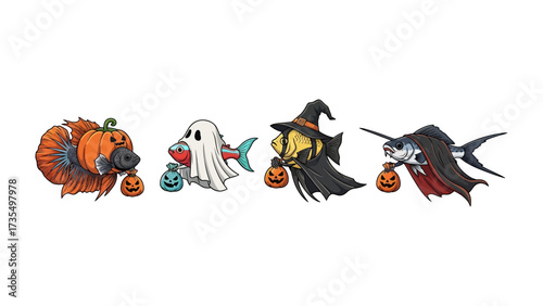 Spooky Halloween Fish Costumes: Four creatively adorned fish, each embracing the spirit of Halloween with playful costumes. The characters celebrate holiday with charm and detail. 
