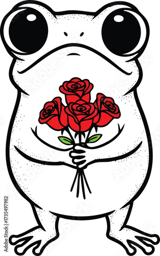 An adorable frog with big eyes holds a bouquet of red roses, its delicate hands gently cradling the flowers, a charming illustration of love and tenderness