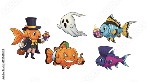 Whimsical Halloween Characters: A delightful collection of creatively designed cartoonish fish and a ghostly apparition, each adorned with Halloween-themed accessories and expressions.