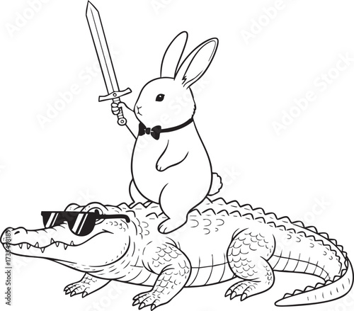A rabbit riding an alligator with a sword, this whimsical vector art is perfect for fantasy, humor, or childrens designs, adding a unique touch