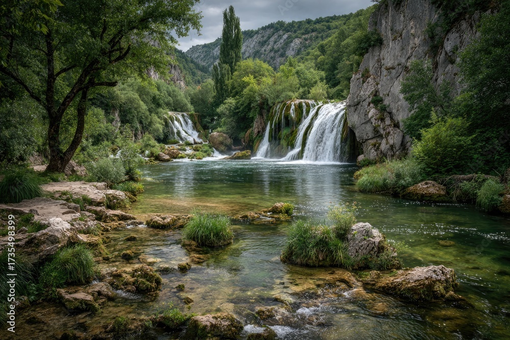 Fototapeta premium Tranquil waterfall cascading into a clear river, surrounded by lush greenery and rocky terrain