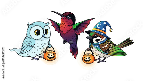 Halloween Trio: A charming trio of avian companions, an owl, a hummingbird, and a sparrow, all dressed in whimsical attire, carry miniature jack-o'-lanterns, ready for a festive celebration. 
