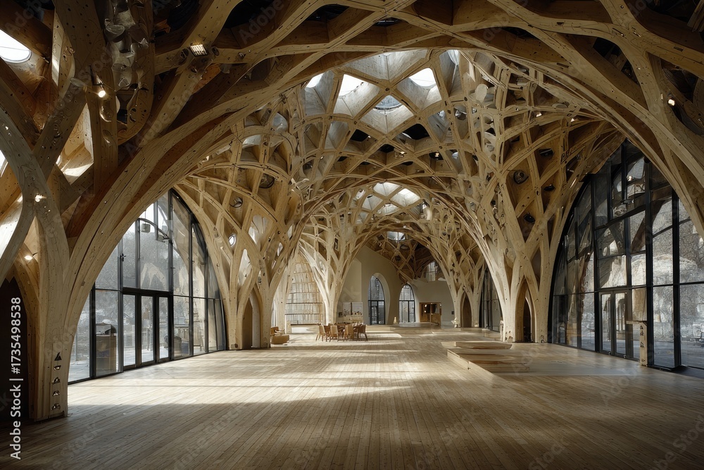 Obraz premium Light-filled wooden hall with intricate vaulted ceiling