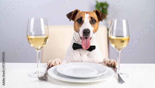 Dog sat at the dinner table with a plate and cutlery licking his lips
