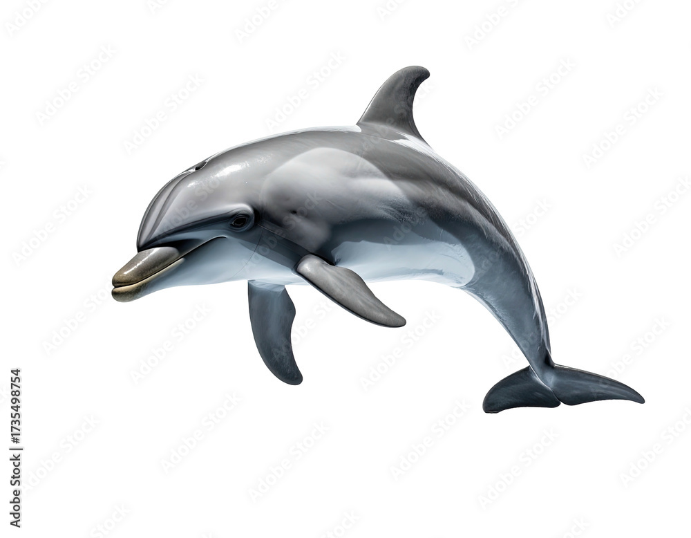 Fototapeta premium Realistic digital painting of a sleek, silvery dolphin against a stark black background
