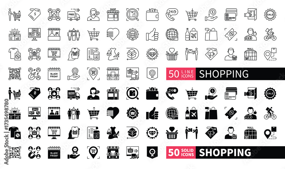 Obraz premium Set of 100 solid and line icons related to Shopping. Containing sale, shopping bag, commerce, discount, client, fashion, market, packet and more. Pictograms for web, mobile app and infographics