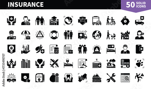 Set of 50 solid icons related to Insurance. Containing accident, service, policy, family, insurance agent, life insurance and more. Pictograms for web, mobile app and infographics