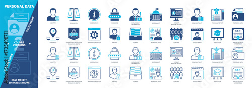 Personal Data icon set. Information, Biometric Data, Regulation, Identity, Social Security Number, Privacy, Password, Control. Duotone color solid and editable outline icons