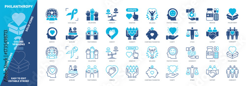 Philanthropy icon set. Altruism, Charity, Generosity, Empathy, Ethics, Medicine, Wellness, Donation. Duotone color solid and editable outline icons