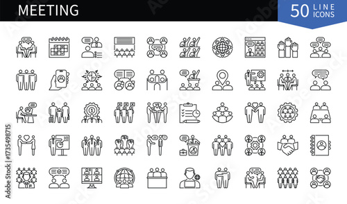 Set of 50 line icons related to Meeting. Containing brainstorming, team, planning, conference, teamwork, business, people, communication and more. Pictograms for web, mobile app and infographics