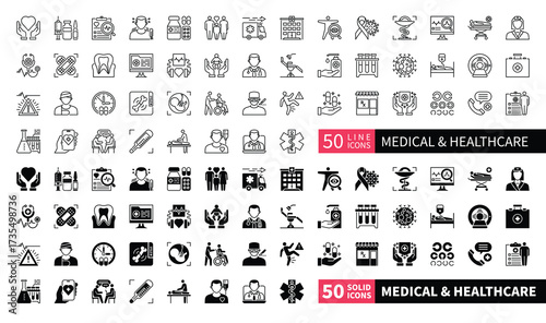 Set of 100 solid and line icons related to Medical and Healthcare. Containing medical clinic, ambulance, paramedic, care, risk, stethoscope and more. Pictograms for web, mobile app and infographics