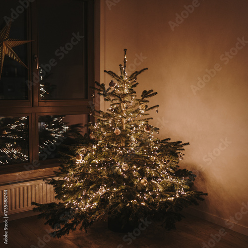 Illuminated Christmas Tree in Living Room at Night