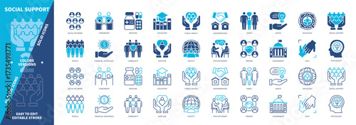 Social Support icon set. Education, Social Network, Government, Help, Psychotherapy, Coworkers, Society, Family. Duotone color solid and editable outline icons