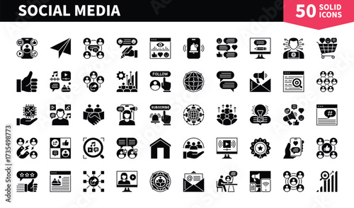 Set of 50 solid icons related to Social Media. Containing contact, network, business, web, cyberspace, notification, promotion, post and more. Pictograms for web, mobile app and infographics