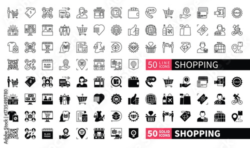 Set of 100 solid and line icons related to Shopping. Containing sale, shopping bag, commerce, discount, client, fashion, market, packet and more. Pictograms for web, mobile app and infographics