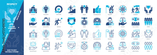 Respect icon set. High Esteem, Authority, Integrity, Leadership, Public Opinion, Reputation, Regard, Ambition. Duotone color solid and editable outline icons