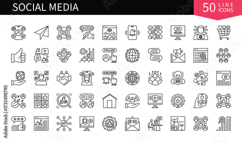 Set of 50 line icons related to Social Media. Containing bell, rating, web browser, envelope, e-mail, message, communication, internet and more. Pictograms for web, mobile app and infographics