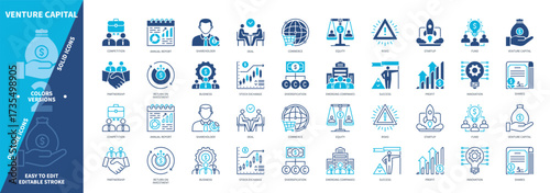 Venture Capital icon set. Emerging Companies, Startup, Business, Investment, Partnership, Shares, Strategic Thinking, Profit. Duotone color solid and editable outline icons