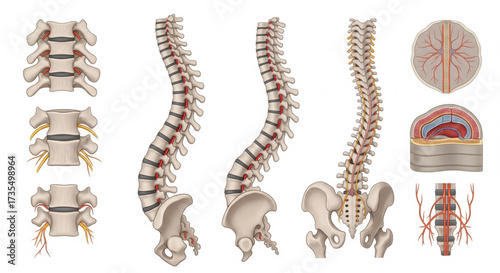 Anatomical illustration of a human spine with detailed views of vertebrae, spinal cord, and pelvic structure.