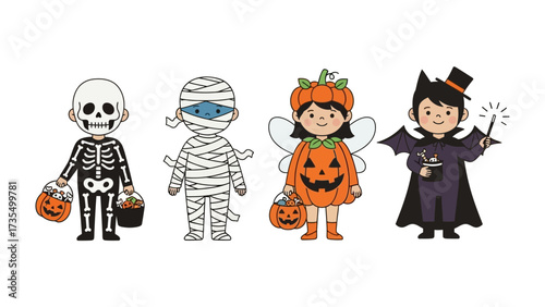 Halloween Costume Gathering: Delightful Halloween characters, each adorned in unique and vibrant costumes, stand together in a lively setting. Witness a whimsical assembly.