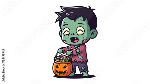 Zombie Child's Halloween Delight: A cartoon rendition of a zombie child, beaming with excitement, proudly clutches a jack-o'-lantern bucket overflowing with treats.