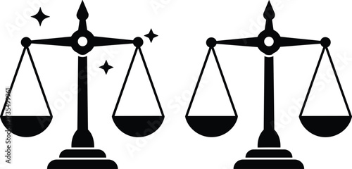 Justice balance scale symbol, law and fairness concept, equality icon, legal weight measurement, court symbol, decision making illustration, equilibrium vector