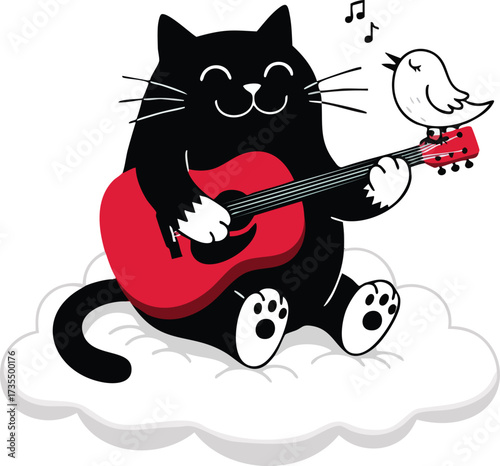 A cheerful black cat sits on a cloud, strumming a red guitar while a little bird sings along, a harmonious and whimsical musical moment captured