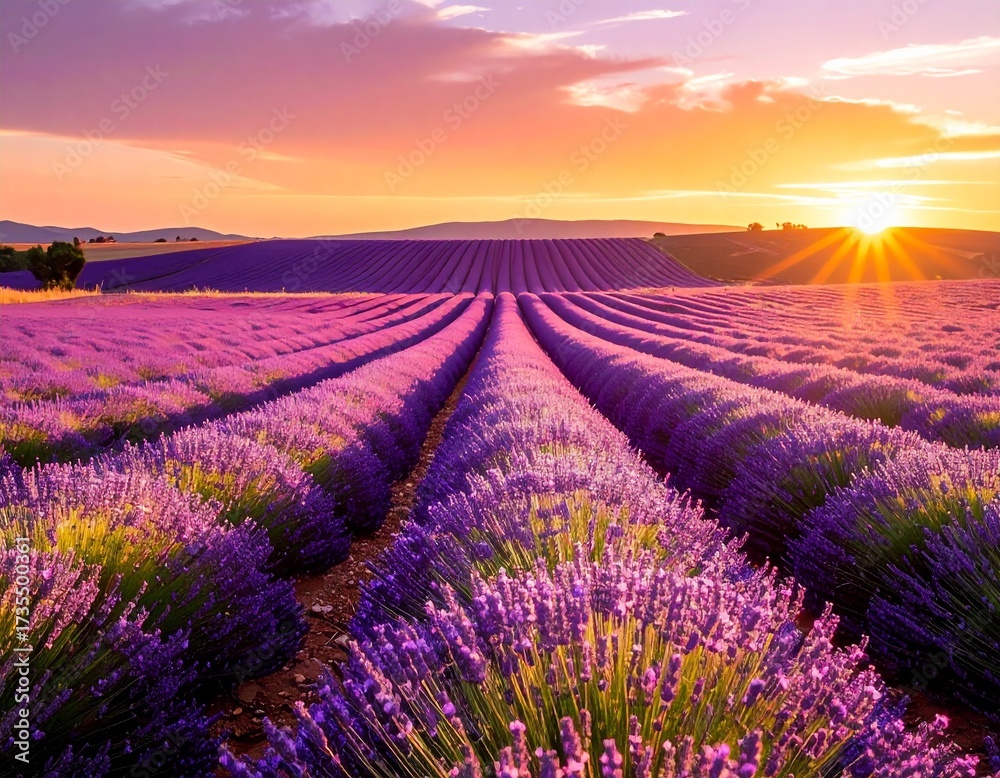 Fototapeta premium Generated image of a lavender fields at golden sunset