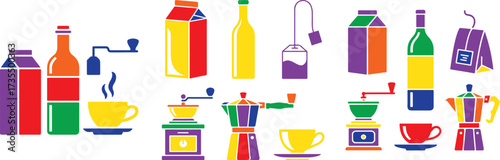 Colorful beverage containers and coffee making equipment