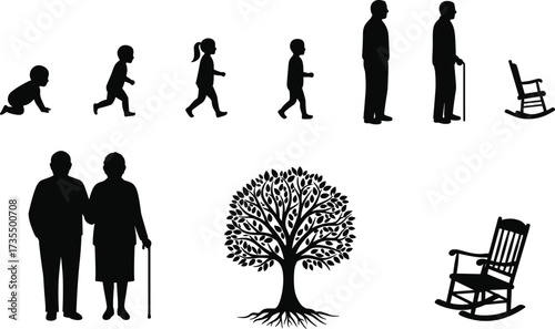Human life cycle silhouette, stages of growth from baby to elderly, family tree illustration, aging process, generations, evolution concept vector
