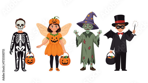 Enchanting Halloween Ensemble: A delightful array of costumed children revel in the spirit of Halloween. each character embodies the fun and fantasy of the festive occasion. 