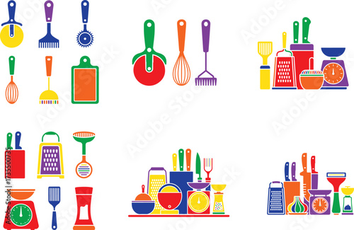 Colorful kitchen utensils and appliances kitchenware