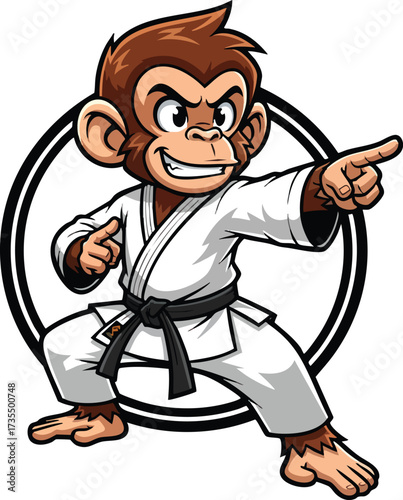 A cartoon monkey in a karate gi, striking a pose and the monkey is brown and white, with a black belt, showcasing its martial arts skill