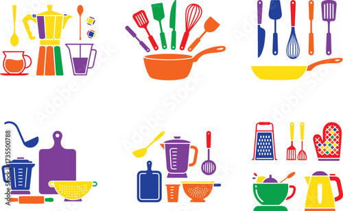 Colorful kitchen utensils and appliances kitchenware
