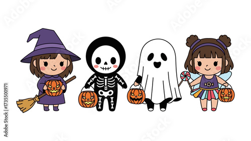 Whimsical Halloween Characters: A charming illustration of Halloween characters, witch, skeleton, ghost, and fairy, dressed in costumes and holding pumpkins