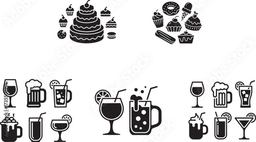 Desserts and drinks icons cake cupcake