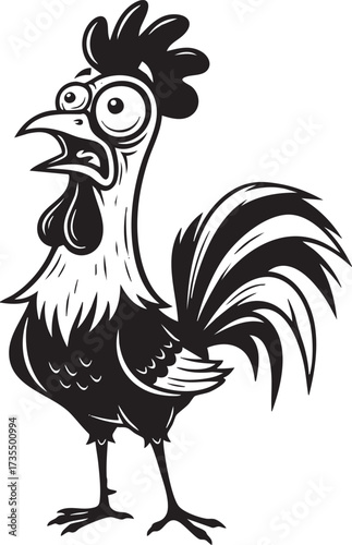 A cartoon rooster with a surprised expression, standing tall and its feathers are black and white, and it has a red comb and wattle, creating a comical scene