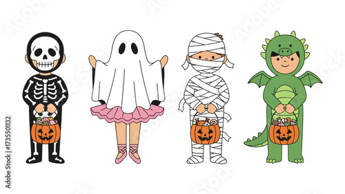 Halloween Costume Collection: A captivating illustration showcases a delightful assortment of kids in enchanting Halloween costumes, each radiating joy and the spirit of the spooky season. 